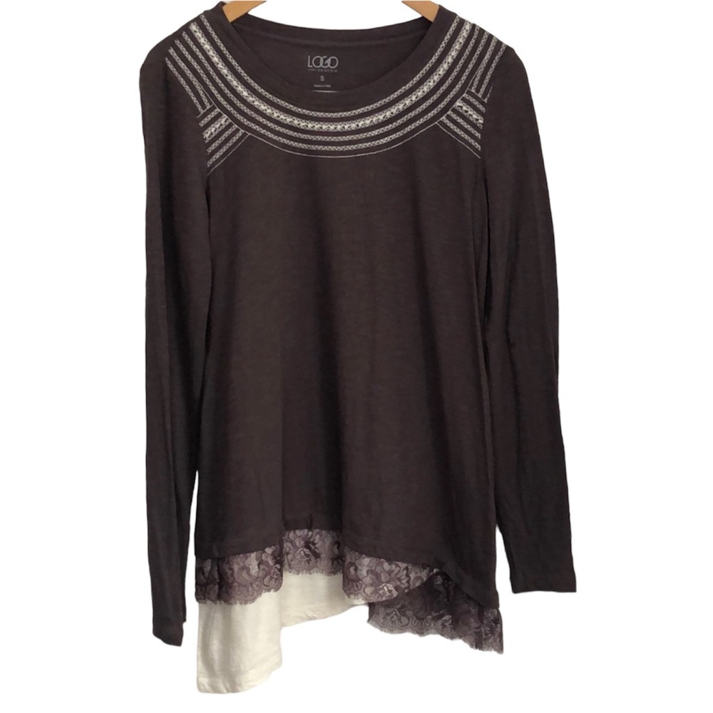 LOGO Lori Goldstein purple long sleeve embroidered scoop neck lace hem sz Small